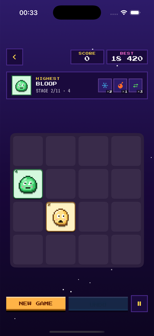 Gameplay board with Bloop and Eggu tiles and power-up slots