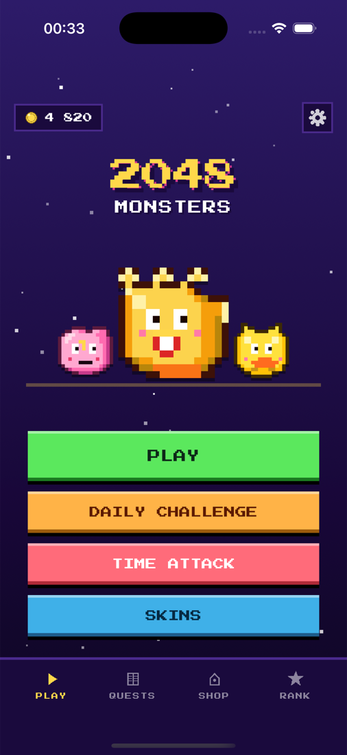Merglings main menu with Play, Daily Challenge, Time Attack and Skins buttons